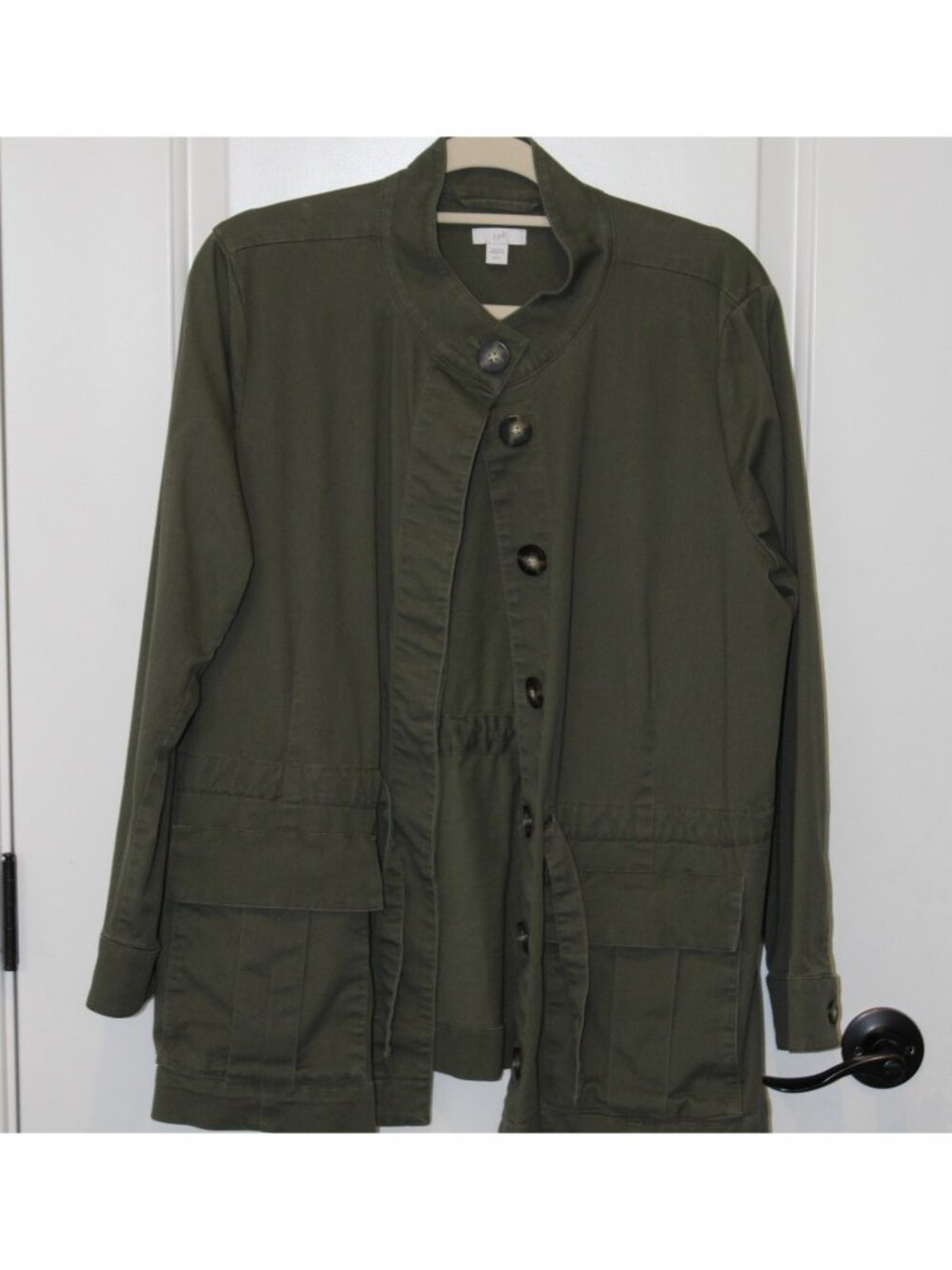 J.Jill Utility Jacket Olive Green Petite Large Button Front Flap Pockets Casual
